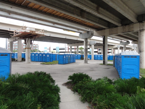 A huge number of portable toilets have been assembled