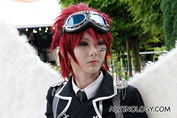 Close-up of this winged cosplayer