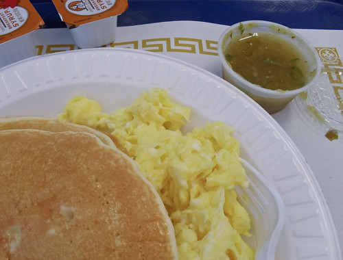 $1.99 eggs with pancakes and glorious picante sauce by chloe & ivan