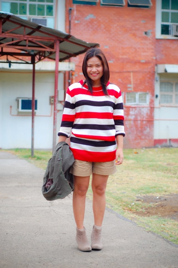 Thrifted Short Sleeve Coat, denise katipunera, pinay filipina fashion blogger, mommy style, style on a budget, colorful bold knit stripe, nude booties