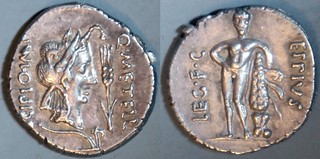 461/1 Q. METELL SCIPIO IMP EPPIVS LEG.F.C. Caecilia Scipio Denarius. head of Africa, corn-ear plough, Hercules with club, Africa 47-46BC.