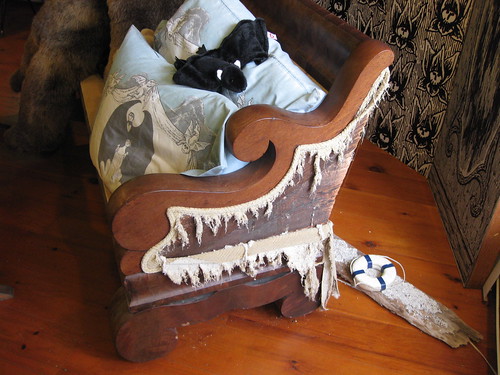 Gorey's couch, as "destroyed" by his cats