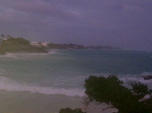 Grainy view (due to excessive salt water spray) of South Shore at sunset the night before the storm.