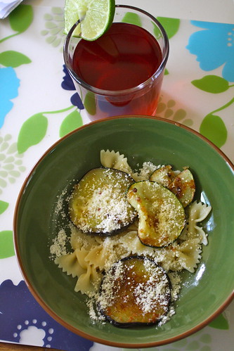 Pasta with zucchini and eggplant, cocktail