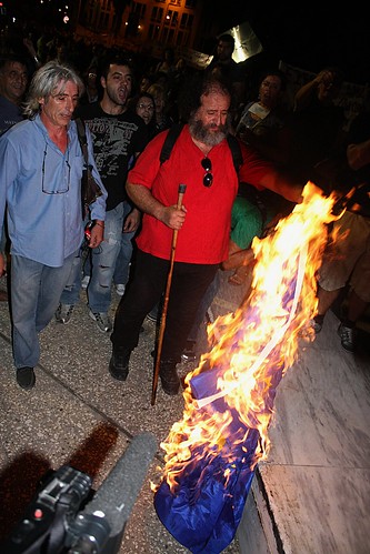 Greek protesters burn EU flag at anti - austerity protest by Teacher Dude's BBQ