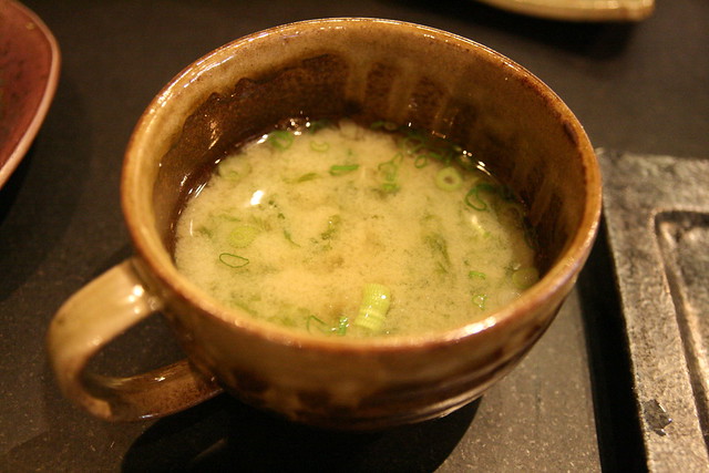 The miso soup is amazing, with a particular miso paste from Nagano, and fresh nori!