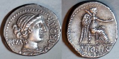 RRC 462/1a M.CATO PRO PR Porcia Denarius. Female head with hairband, ROMA, Victory VICTRIX with patera, palm-branch. Africa 47-46BC.