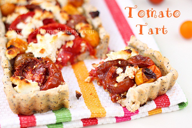 Tomato tart with poppy seed crust and goat cheese - buttery poppy seed and thyme crust, colorful cherry and kumata tomatoes and crumbled goat cheese. Recipe from Roxanashomebaking.com