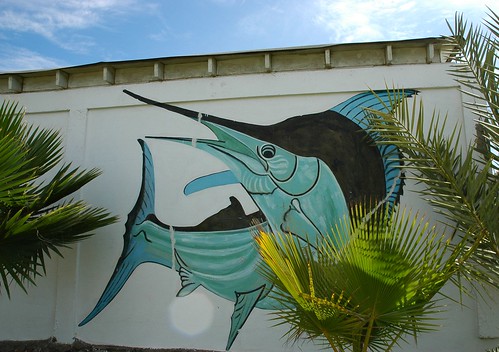 Swordfish mural, Baja's Best El Rosario Cafe Bed and Breakfast, palm fronds, Baja, Mexico by Wonderlane