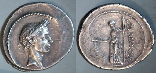 485/1 L.FLAMINIVS IIIIVIR Julius Caesar, Flaminia Denarius. Caesar, Pax with staff and caduceus. Rome 41BC (per Woytek).