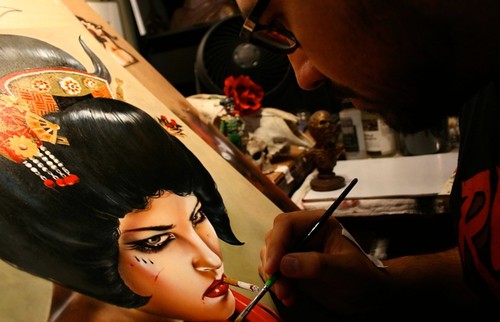 Brian M. Viveros at work on 'Rise of the Geisha' - destined for our 'LAX / HKG' curated show in Hong Kong this November at Above Second Gallery by thinkspace_gallery