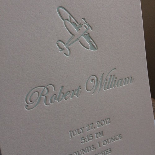 Another airplane birth announcement, this time in aqua #letterpress #birthannouncement