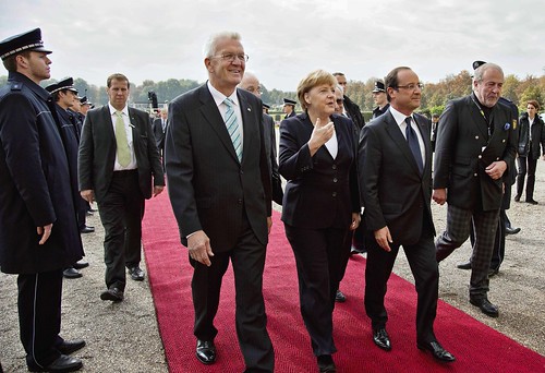François Hollande à côté d’Angela Merkel lors de la célébration de l’amitié franco-allemande,  le 22 septembre en Allemangne (Flickr)