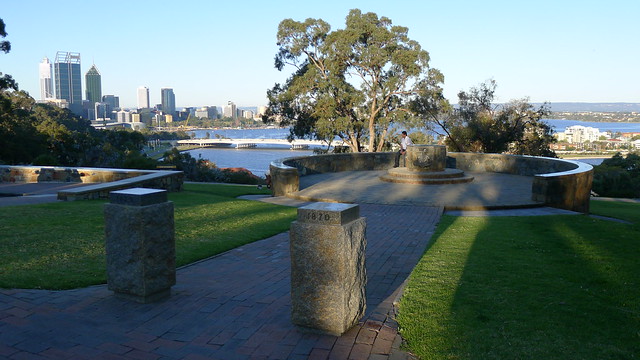 Another memorial in the Botanical Gardens with a view of Perth CBD