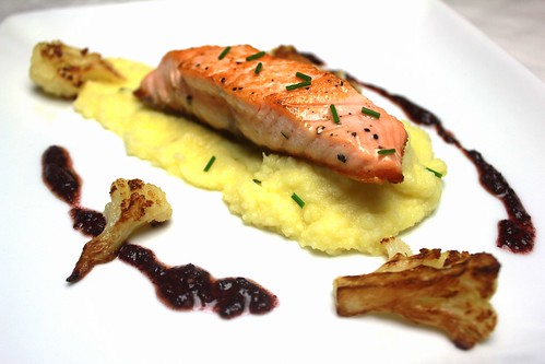 seared salmon and cauliflower mash with purple basil pesto