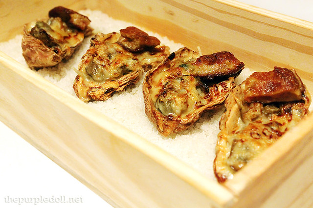 Baked Oyster on Angel hair pasta with silvers of seared Duck Foie Gras