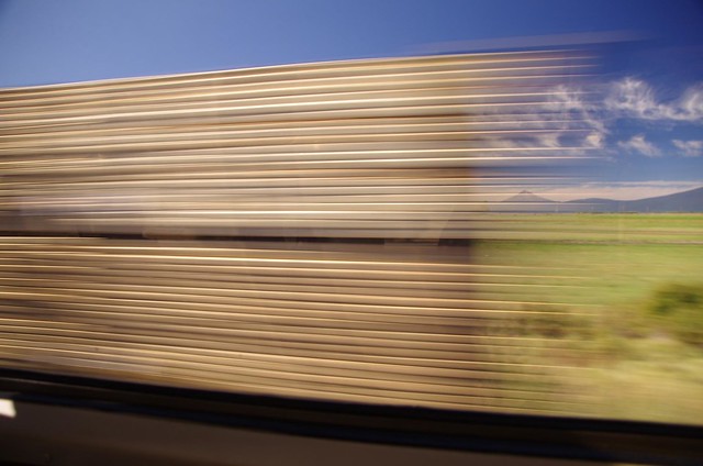 slow exposure Freight Train Carrying Oregon Wood passing Amtrak Coast Starlight train - Emeryville to Seattle