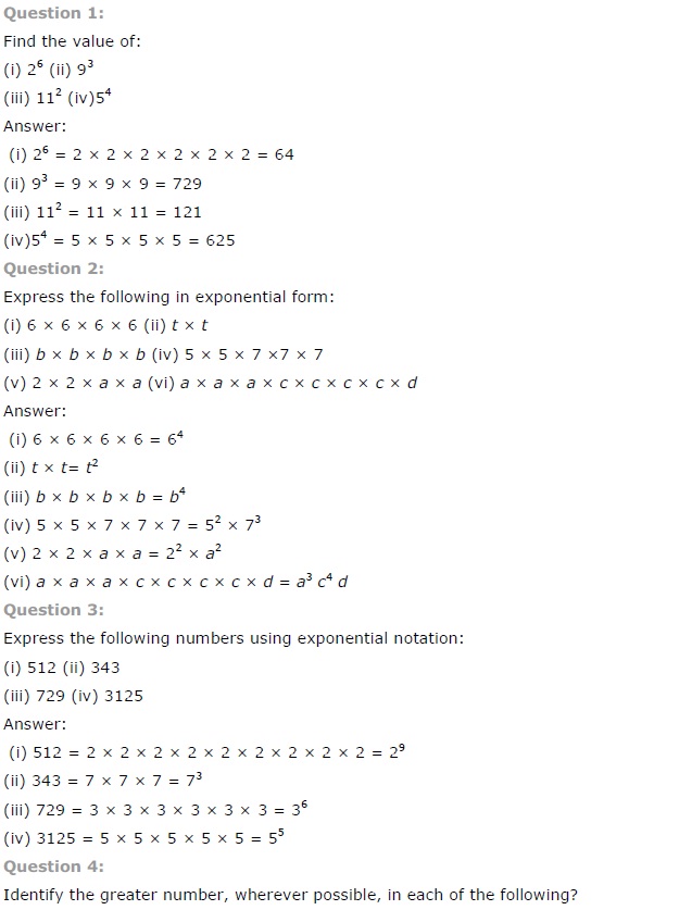 NCERT Solutions for Class 7th Maths Chapter 13 Exponents and Powers Exercise 13.1