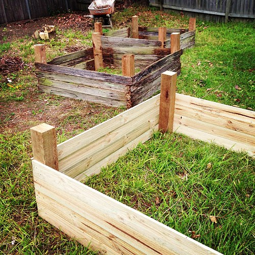 Three upside-down raised garden beds, ready for postholes and dirt :)