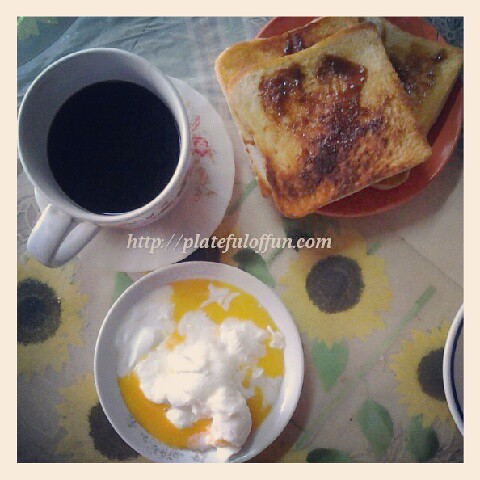 Brewed coffee, soft boiled eggs and (simplified) kaya toast