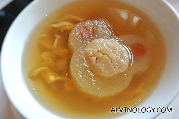 Double-boiled Sea Whelk and Stuffed Whole Dried Scallop in Mickey Winter Melon Soup