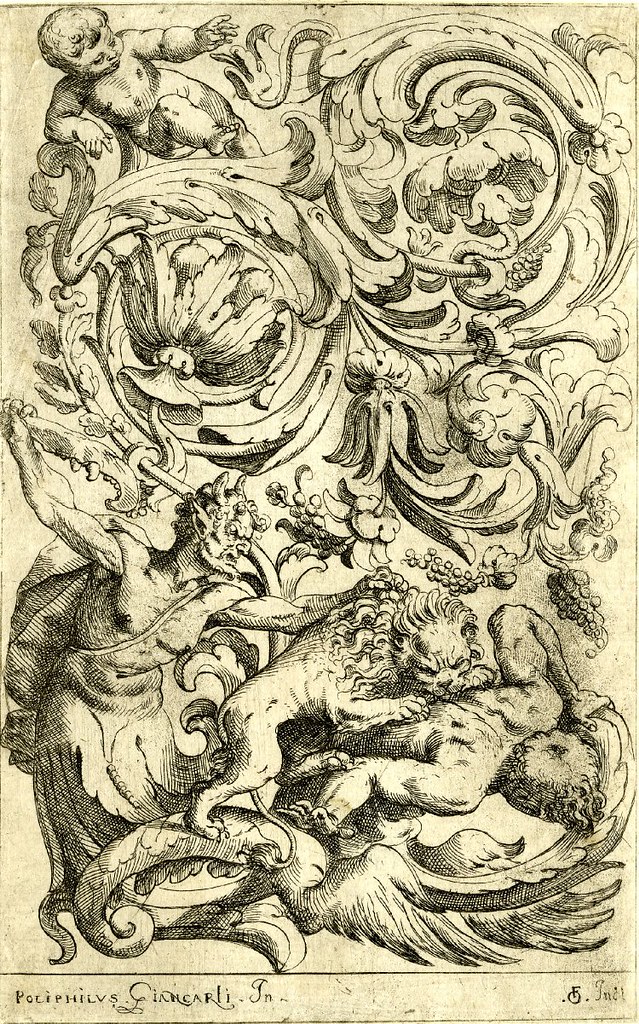ornamental grotesque print featuring lion, foliage and beasts