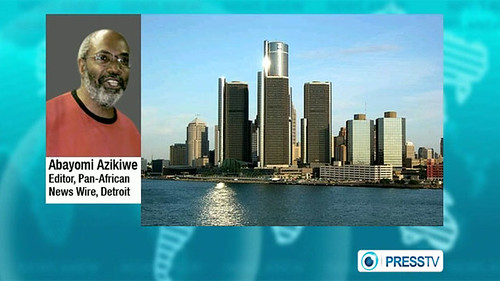 Graphic depicting Abayomi Azikiwe, editor of the Pan-African News Wire, while being featured on Press TV World News on October 5, 2012. Azikiwe discussed the real unemployment rates in the United States. by Pan-African News Wire File Photos