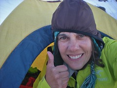 Sue Ready to Enter our Cozy Bibler Tent