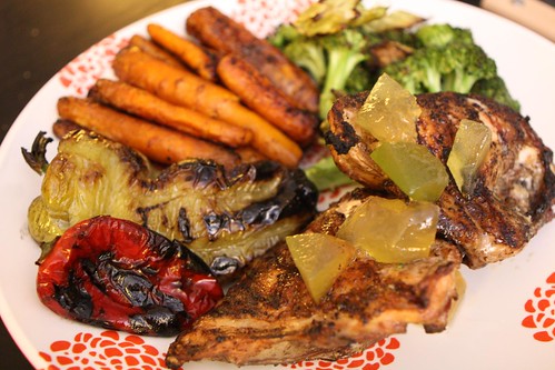 Grilled Chicken Breast with Roasted Carrots, Broccoli, Grilled Peppers, and Pickled Watermelon Rind