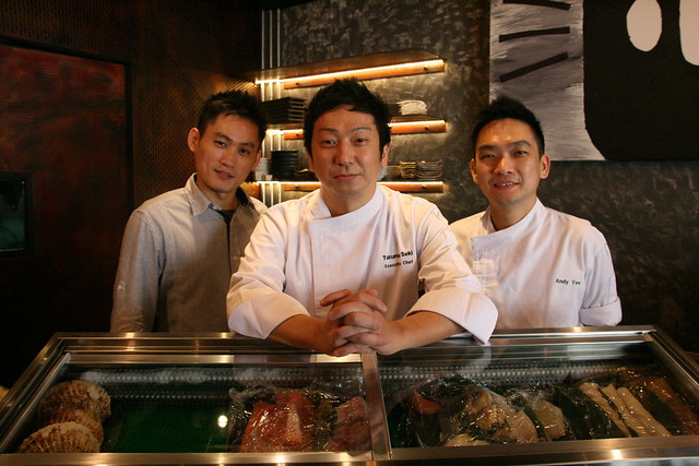Chef Takumi Seki flanked by his manager (left) and Chef Andy Yee (right)