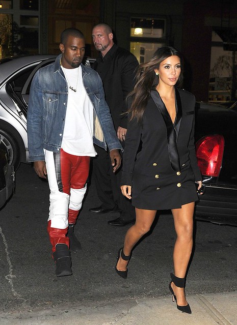 Kim-Kardashian-balmain-black-doublebreasted-wooltwill-dress-gianvito-rossi-gold-ankle-wrap-pumps-Kanye-West-Maison-Martin-Margiela-MMM-Leather-Biker-Pants-MMM-sneaker-velcro-upscalehype-1