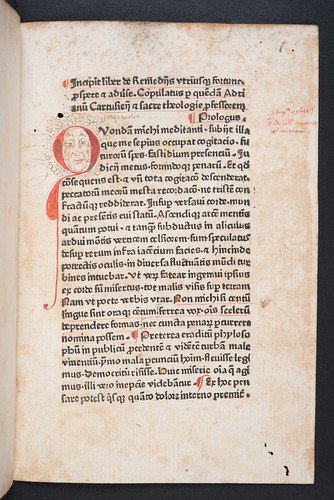 Decorated initial in Adrianus Carthusiensis: De remediis utriusque fortunae
