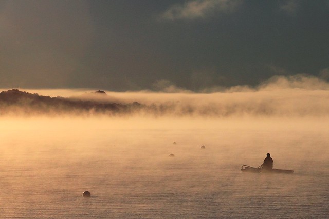 canoeing in morning fog