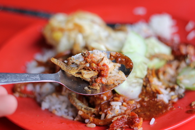 Crispy anchovies mingled with rice and chili sauce