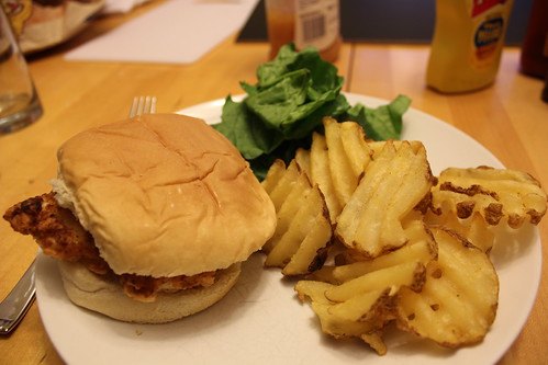 Chicken sandwich and waffle fries