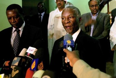 Chief African Union mediator and former South African president, Thabo Mbeki speaks with media after his meeting with Sudanese President Omar al-Bashir in Khartoum on April 6, 2012.  by Pan-African News Wire File Photos