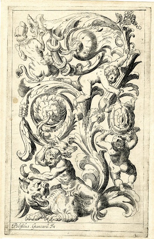 etching of foliage grotesques