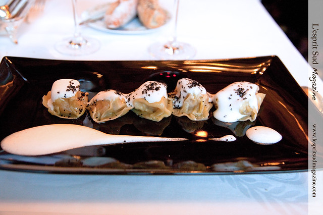 Ravioles de foie gras, crème foisonnée truffée (Duck liver raviolis, truffles cream emulsion) - {Le Grand Véfour, Paris}