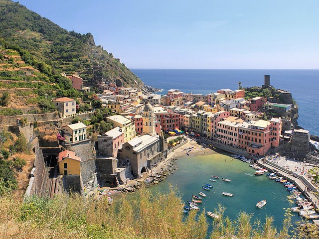 Vernazza from the terraced mountainside vineyards high above the town
