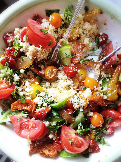 Tomatoes & slow roasted tomatoes with fregola and herbs