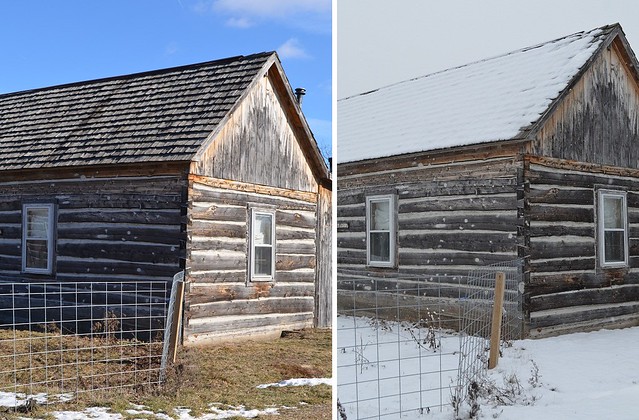 Exterior of Cabin with and Without Snow