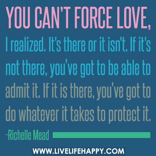 You can't force love, I realized. It's there or it isn't. If it's not there, you've got to be able to admit it. If it is there, you've got to do whatever it takes to protect it.