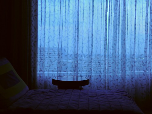 Sheer curtain, chaise lounge, high rise bedtime, twilight, Renaissance Hotel, Schauburge, Illinois, USA by Wonderlane