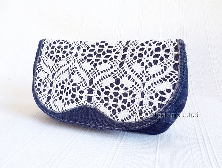 Jeans clutch bag with handmade lace front flap
