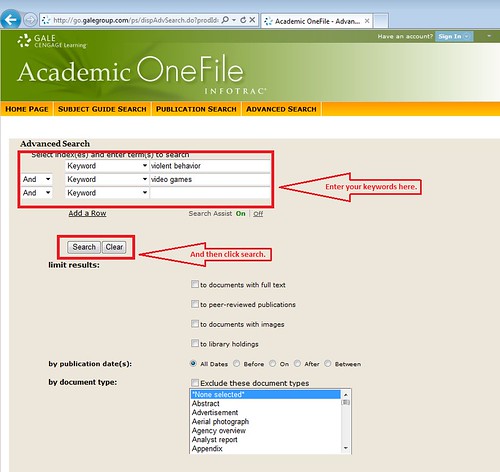 screenshot: Advanced search has multiple fields for multiple keywords, and Boolean operators as well.