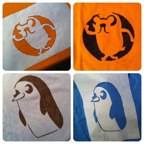 Adventure Time freezer paper stencil T-shirts for the boys. Gunter and Jake! :)