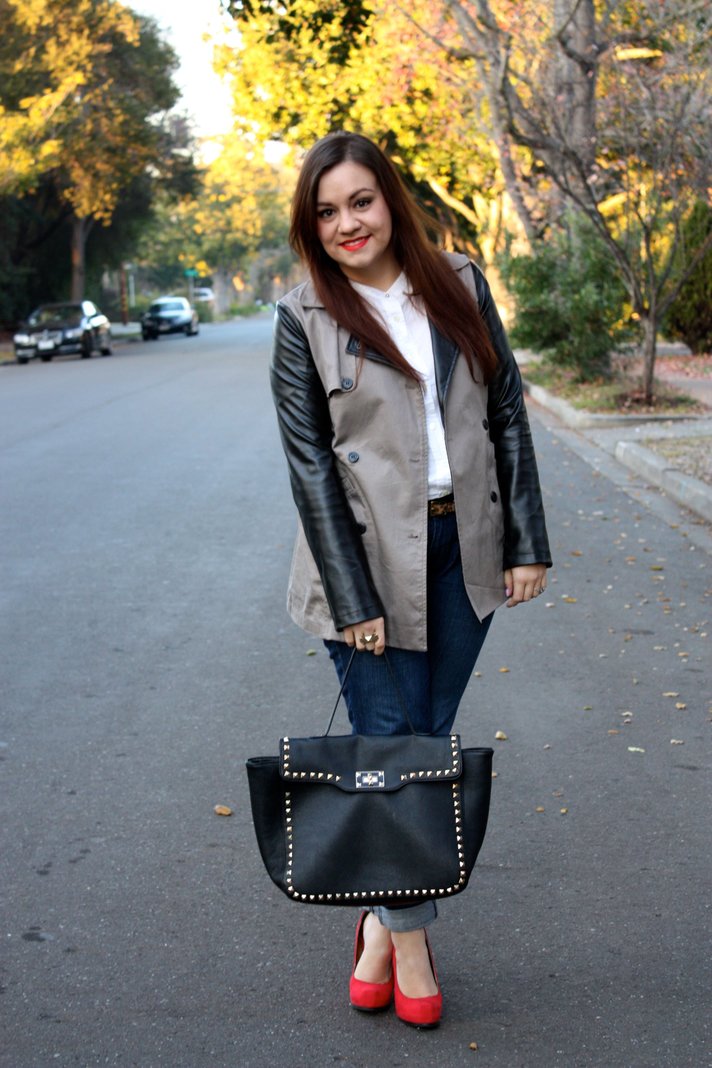 SF Bay Area Fashion & Lifestyle - Leather Sleeve Trench, White Equipment Blouse, Levi's Jeans, Red Pump, Black Studded Trim Tote