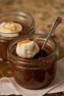 Warm Orange & Pistachio Bittersweet Chocolate Cakes “in a Jar” with Orange Cream