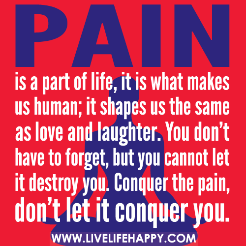 Pain is a part of life, it is what makes us human; it shapes us the same as love and laughter. You don’t have to forget, but you cannot let it destroy you. Conquer the pain, don’t let it conquer you.