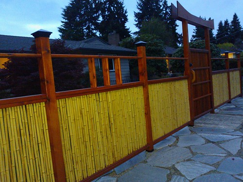 Handmade Japanese Shinto style bamboo fence and gate, flagstone walkway, Seattle, Washington, USA by Wonderlane